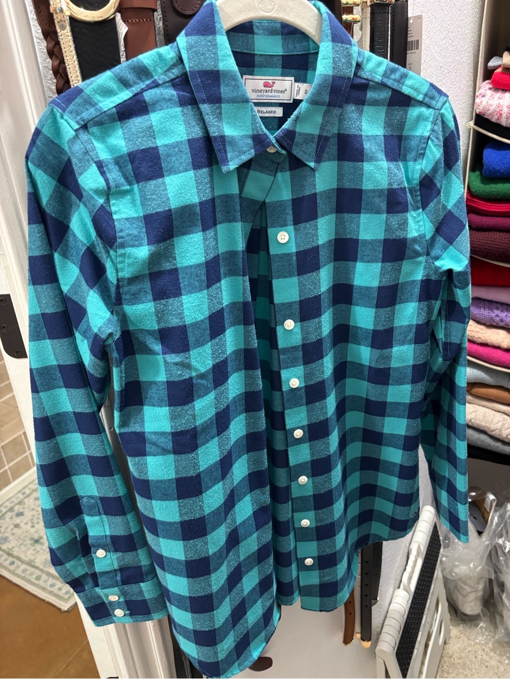 Vineyard Vines Teal and Navy Buffalo Plaid Button-Down Shirt